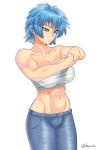  1girl bandages blue_eyes blue_hair breasts burakku-ra denim groin highres jeans large_breasts looking_down muscle navel original pants sarashi simple_background solo thighs toned white_background 
