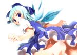  1girl absurdres barefoot blue_dress blue_eyes blue_hair blush bow cirno convenient_censoring dress highres ice ice_wings no_panties ootomoyuuki open_mouth puffy_short_sleeves puffy_sleeves ribbon short_hair short_sleeves simple_background solo touhou white_background wings 