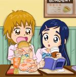  2girls book drink food futari_wa_precure futari_wa_precure_max_heart highres karapago misumi_nagisa multiple_girls precure tagme yukishiro_honoka 
