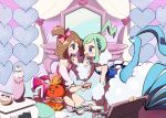  2girls altaria applying_makeup aqua_hair blue_eyes blush brown_hair chorimokki hair_ribbon hand_mirror haruka_(pokemon) haruka_(pokemon)_(remake) heart lucia_(pokemon) mirror multiple_girls pokemon pokemon_(creature) pokemon_(game) pokemon_oras ribbon torchic 