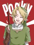  1boy arrow blonde_hair closed_eyes copyright_name earrings hat jewelry link male_focus pocky pointy_ears product_placement smile solo the_legend_of_zelda wasabi_(legemd) 