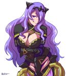  1girl akairiot breast_hold breasts camilla_(fire_emblem_if) capelet cleavage fire_emblem fire_emblem_if gauntlets hair_over_one_eye large_breasts licking_lips long_hair looking_at_viewer purple_hair solo tiara tongue tongue_out violet_eyes 