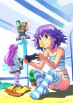  bottle choujigen_game_neptune controller d-pad drunk fairy game_controller histoire long_hair nepgear neptune_(choujigen_game_neptune) neptune_(series) purple_hair segamark short_hair snack striped striped_legwear underwear violet_eyes 