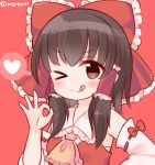  1girl :q ascot black_hair bow brown_eyes detached_sleeves dress hair_bow hair_tubes hakurei_reimu heart marshmallow_mille one_eye_closed pose red_dress smile solo spoken_heart tongue tongue_out touhou twitter_username 