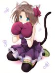  1girl :o animal_ears blue_eyes bow brown_hair cat_ears cat_paws cat_tail dress gloves hair_bow looking_at_viewer mary_janes mito_(maru) moneko_(battle_cats) musical_note nyanko_daisensou paws purple_dress shoes short_hair simple_background sitting solo tail thigh-highs wariza 
