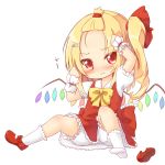  1girl alternate_hairstyle blonde_hair blush closed_mouth commentary fang flandre_scarlet forehead kisa_(k_isa) mary_janes ponytail red_eyes shoes short_hair short_sleeves side_ponytail simple_background single_shoe solo touhou wavy_mouth white_background white_legwear wings wrist_cuffs 