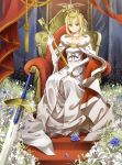 1girl artoria_pendragon_(all) blonde_hair blue_rose choker cross_akiha crown dress elbow_gloves excalibur fate/stay_night fate_(series) flower fur_trim gloves green_eyes highres lily_(flower) looking_at_viewer ribbon_choker rose saber scepter short_hair sitting smile solo staff sword throne weapon wedding_dress white_dress white_gloves
