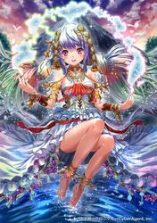  1girl :d anklet armband bare_shoulders barefoot blush choker dress hair_ornament jewelry long_hair mountain necklace open_mouth purple_hair red_eyes ripples sakiyamama smile solo twintails very_long_hair water 