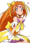  1girl bare_shoulders blush choker cosplay cure_muse_(yellow) cure_twinkle cure_twinkle_(cosplay) earrings gloves go!_princess_precure hair_ribbon haru_(nature_life) heart jewelry long_hair looking_at_viewer magical_girl orange_hair pink_eyes precure ribbon shirabe_ako sitting star star_earrings suite_precure white_gloves 