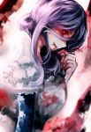  blood bloody_hands blur chiruru96 crack dutch_angle from_side glowing glowing_eye hand_to_own_mouth highres lavender_hair letty_whiterock looking_at_viewer payot puffy_sleeves red_eyes sketch touhou upper_body 