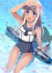  1girl blonde_hair blue_eyes crop_top flower hair_flower hair_ornament hasu_(velicia) highres kantai_collection long_hair open_mouth partially_submerged ro-500_(kantai_collection) school_swimsuit smile solo swimsuit swimsuit_under_clothes tan tanline 