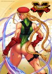  1girl ahoge antenna_hair armpit_holster ass beret blonde_hair blue_eyes braid cammy_white contrapposto copyright_name cowboy_shot darwin_nunez fingerless_gloves from_behind gloves hat highres holster huge_ahoge leotard long_hair scar solo street_fighter street_fighter_v thigh_pouch thong_leotard twin_braids 