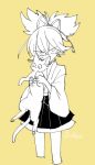  1boy cat cropped_legs holding japanese_clothes l_hakase looking_at_viewer lowres male_focus monochrome sayo_samonji simple_background solo touken_ranbu yellow_background 