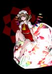  1girl blonde_hair cryolite crystal flandre_scarlet flat_chest full_body highres mary_janes mob_cap one_leg_raised puffy_sleeves red_eyes shoes short_hair side_ponytail skirt skirt_set socks solo touhou wings 