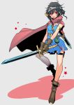  1girl black_hair breasts cape circlet cosplay dragon_quest dragon_quest_iii gloves original pink_eyes roto roto_(cosplay) short_hair solo standing_on_one_leg sword tajima_ryoushi weapon 