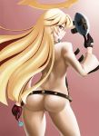  1girl ankh ass blonde_hair breasts finalcake guilty_gear halo highres jack-o_(guilty_gear) long_hair looking_at_viewer looking_back mask red_eyes smile solo 