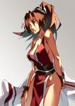  1girl bare_shoulders breasts brown_eyes brown_hair cleavage fan fatal_fury fingerless_gloves gloves highres japanese_clothes king_of_fighters large_breasts lolik long_hair looking_at_viewer ponytail revealing_clothes shiranui_mai sideboob smile snk solo 
