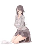  1girl 31_pacers absurdres bangs black_hair black_legwear blush breasts clothes_around_waist highres jitome kneehighs kneeling loafers long_hair original paper school_uniform shoes simple_background solo sweater_around_waist swept_bangs thighs uniform very_long_hair white_background 