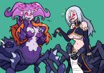  2girls arachne blush breasts carapace claws coffee coffee_mug detached_sleeves drunk extra_eyes green_background insect_girl long_hair monster_girl monster_musume_no_iru_nichijou multiple_girls multiple_legs navel orange_hair pelvic_curtain purple_hair purple_lips purple_skin rachnera_arachnera red_eyes shenanimation silk silver_hair simple_background solid_eyes spider spider_girl spider_web spikes steam under_boob violet_eyes 