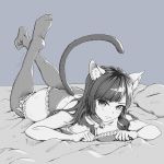  1girl animal_ears bell bell_collar bra breasts cat_ears cat_tail cleavage collar frilled_bra frilled_legwear frilled_panties frills lingerie long_hair looking_at_viewer lying monochrome on_stomach original panties pillow raiine_rand solo tail thigh-highs underwear 