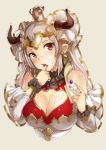  1girl aleeza_(granblue_fantasy) bangs breasts cake cleavage cleavage_cutout crown detached_sleeves earrings eating food food_on_face granblue_fantasy hair_ornament headgear horns jewelry large_breasts licking mini_crown open_mouth parted_bangs pointy_ears red_eyes silver_hair simple_background solo tongue tongue_out upper_body wakamesan 