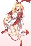  1girl :d blonde_hair bow demon_tail demon_wings disgaea fang flonne flonne_(fallen_angel) full_body hair_ribbon high_heels long_hair looking_at_viewer mikazuchi_zeus open_mouth pointy_ears red_eyes ribbon simple_background smile solo tail tail_ribbon wings 