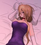  1girl adapted_costume akiyama_cz4a bangs bed bed_sheet blonde_hair blush breasts choker cleavage dark dress ears elbow_gloves gloves hair_over_one_eye hair_up highres lips long_hair looking_at_viewer lying mole on_back pillow purple_dress seductive_smile smile solo taut_clothes taut_dress touhou very_long_hair violet_eyes white_gloves yakumo_yukari 