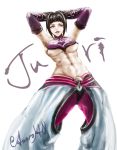  1girl abs armpits astroh0 baggy_pants bare_shoulders bracelet breasts detached_sleeves drill_hair halter_top halterneck han_juri jewelry large_breasts looking_at_viewer looking_down midriff muscle pants sideboob six_pack solo spiked_bracelet spikes street_fighter street_fighter_iv super_street_fighter_iv twin_drills under_boob 