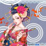  artist_name beads black_hair breasts cleavage eyeshadow fish floral_print flower hair_flower hair_ornament headdress japanese_clothes kimono kiseru lipstick makeup mascara original pipe polka_dot polka_dot_background red_lipstick silhouette yagi_hikaru yellow_eyes 