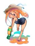  1girl :d artist_request blush fang hat highres inkling leaning_forward mask no_nose one-piece_swimsuit open_mouth orange_eyes orange_hair pointy_ears school_swimsuit smile solo splatoon sun_hat swimsuit tentacle_hair 