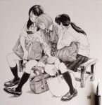  3girls bag black_hair hiro_(dismaless) multiple_girls original pleated_skirt school_bag school_uniform sitting skirt socks 
