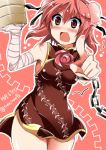  1girl bandages blush brown_eyes chain chinese_clothes dated double_bun ibaraki_kasen open_mouth pink_hair short_hair solo touhou train_90 twitter_username 