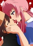  1boy 1girl amano_yukiteru black_hair blush closed_eyes couple gasai_yuno kiss mirai_nikki open_eyes open_mouth pink_hair saliva 