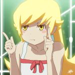  1girl animated animated_gif bakemonogatari bare_shoulders blonde_hair blush chuunibyou_demo_koi_ga_shitai! dancing fang lowres monogatari_(series) oshino_shinobu parody pointy_ears solo sparkling_daydream vampire yellow_eyes 