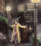  1girl alternate_costume black_hair carrying closed_umbrella contemporary door grass grey_eyes hat highres houraisan_kaguya kicking lamppost long_hair looking_at_viewer lyrics outstretched_arm pants parody planter pocket_watch rain raincoat sheeg shoulder_carry sidewalk singin&#039;_in_the_rain smile solo touhou umbrella very_long_hair waistcoat watch wet wet_clothes 