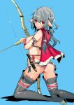  1girl arrow bikini blue_background boots bow_(weapon) breasts cape earrings elf from_behind grey_hair jewelry kneeling knife long_hair looking_at_viewer looking_back original pink_eyes pointy_ears red_bikini solo swimsuit tajima_ryoushi thigh-highs thigh_boots weapon 