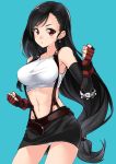  1girl black_hair blue_background breasts cowboy_shot earrings final_fantasy final_fantasy_vii fingerless_gloves gloves jewelry long_hair low-tied_long_hair mirai_denki navel panties pencil_skirt red_eyes simple_background skirt solo tifa_lockhart underwear white_panties 