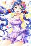  1girl breasts flower green_eyes hair_flower hair_ornament long_hair love_live!_school_idol_project open_mouth purple_hair smile solo soramu toujou_nozomi twintails 