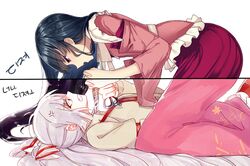  2girls all_fours anger_vein angry black_hair blouse bow boxcutter clenched_teeth collaboration eye_contact face-to-face fujiwara_no_mokou girl_on_top hair_bow hair_ornament hair_ribbon houraisan_kaguya kneeling lani_(pink__pink) long_hair long_skirt long_sleeves looking_at_another lying multiple_girls on_back open_mouth pink_blouse pink_skirt ponytail profile red_eyes ribbon scissors shirt silver_hair six_(fnrptal1010) skirt smile suspenders text touhou very_long_hair wide_sleeves 