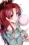  1girl blush bubble_blowing bubblegum collarbone fang highres kafi mahou_shoujo_madoka_magica red_eyes redhead ribbon sakura_kyouko solo 