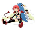  1girl alternate_hairstyle anklet back-to-back bag bat_wings black_gloves black_legwear blush_stickers boots choker demon_girl demon_tail disgaea elbow_gloves etna flat_chest full_body gloves hair_down hands_on_knees jewelry looking_at_viewer midriff mini_wings navel pointy_ears prinny red_eyes redhead short_hair slit_pupils studded_bracelet tail thigh-highs thigh_boots tim_loechner wings 