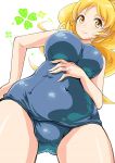  1girl blonde_hair breasts clover covered_navel cure_honey four-leaf_clover from_below happinesscharge_precure! highres large_breasts long_hair oomori_yuuko ponytail precure school_swimsuit smile solo swimsuit takeya_y0615 yellow_eyes 