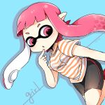  1girl :o artist_request domino_mask inkling long_hair mask pink_eyes pink_hair pointy_ears shirt solo splatoon striped striped_shirt tentacle_hair 