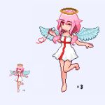  1girl angel_wings bare_shoulders guilty_crown hair_ornament hairclip halo heart heart_of_string long_hair looking_at_viewer lowres naer0 one_eye_closed pink_hair pixel_art red_eyes red_string smile solo string twintails wings yuzuriha_inori 
