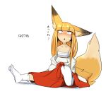  1girl animal_ears blonde_hair blush commentary_request dated fox_ears fox_tail hime_cut japanese_clothes kimono looking_at_viewer miko open_mouth original sakifox sakitsune sarashi simple_background sitting slit_pupils socks solo sweat tail translation_request white_background white_legwear 
