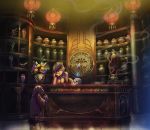  1girl bird breasts chin_rest crow hat highres iceojin indoors large_breasts leaning_forward original pixiv_fantasia pixiv_fantasia_fallen_kings pointy_ears shop skull smoke tagme 