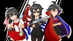  &gt;:) 3girls ahoge asymmetrical_wings black_dress black_hair black_legwear bowtie business_suit cape closed_eyes collared_shirt commentary_request cosplay crossed_arms dress energy_gun hanako-san_(youkai_watch) hanako-san_(youkai_watch)_(cosplay) houjuu_nue manorea men_in_black multiple_girls multiple_persona necktie outstretched_arms pale_skin pantyhose red_eyes shaded_face shirt short_hair skirt smile smirk sparkle suit_jacket sunglasses suspenders thigh-highs touhou toyosatomimi_no_miko toyosatomimi_no_miko_(cosplay) weapon wings zombie_pose 
