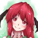  1girl bat_wings blush collared_shirt commentary_request face hands_together head_tilt head_wings koakuma looking_at_viewer lowres necktie red_eyes redhead shirt simple_background smile solo touhou tozutaka vest white_shirt wings 
