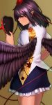  1girl bird_wings black_hair blouse brown_background dominico expressionless frilled_skirt frills from_behind hat highres leaf_print mask pointy_ears red_eyes shameimaru_aya short_hair side_glance simple_background skirt solo tengu_mask tokin_hat touhou wings 