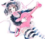  1girl ahma animal_ears bell black_hair bow cat_ears cat_tail curly_hair cyan_(show_by_rock!!) dress electric_guitar green_eyes guitar headdress instrument open_mouth show_by_rock!! smile strawberry_heart striped striped_legwear tail thigh-highs 